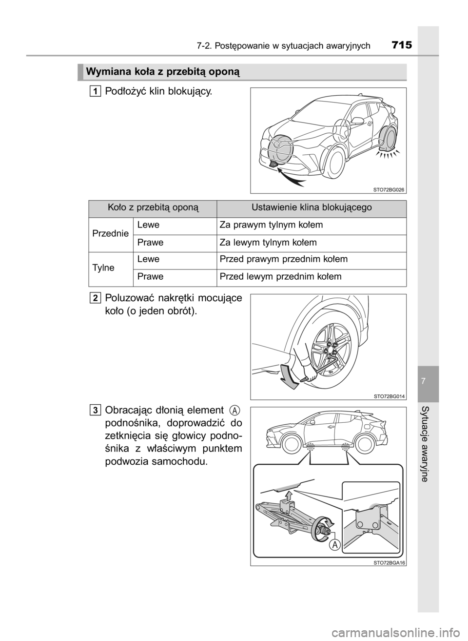 TOYOTA C-HR 2019  Instrukcja obsługi (in Polish) Pod∏o˝yç klin blokujàcy.
Poluzowaç  nakr´tki  mocujàce
ko∏o (o jeden obrót).
Obracajàc  d∏onià  element 
podnoÊnika,  doprowadziç  do
zetkni´cia  si´  g∏owicy  podno-
Ênika  z w