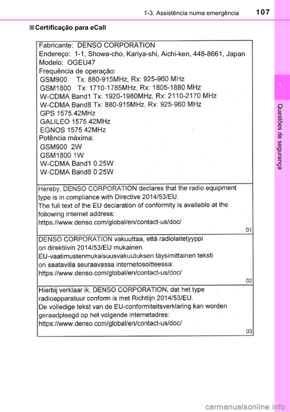 TOYOTA C-HR 2019  Manual de utilização (in Portuguese) 107������$�V�V�L�V�W�r�Q�F�L�D��Q�X�P�D��H�P�H�U�J�r�Q�F�L�D
�
�4�X�H�V�W�}�H�V��G�H��V�H�J�X�U�D�Q�o�D
■�&�H�U�W�L�I�L�F�D�o�m�R��S�D�U�D��H�&�D�O�O
�)�D�E�U�L�F�D�Q�W�H�����(�1�6�2