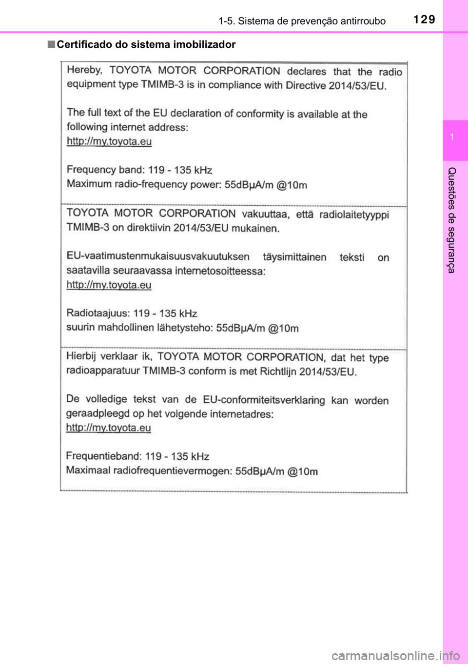 TOYOTA C-HR 2019  Manual de utilização (in Portuguese) 129������6�L�V�W�H�P�D��G�H��S�U�H�Y�H�Q�o�m�R��D�Q�W�L�U�U�R�X�E�R
�
�4�X�H�V�W�}�H�V��G�H��V�H�J�X�U�D�Q�o�D
■�&�H�U�W�L�I�L�F�D�G�R��G�R��V�L�V�W�H�P�D��L�P�R�E�L�O�L�]�D�G�R�U� 