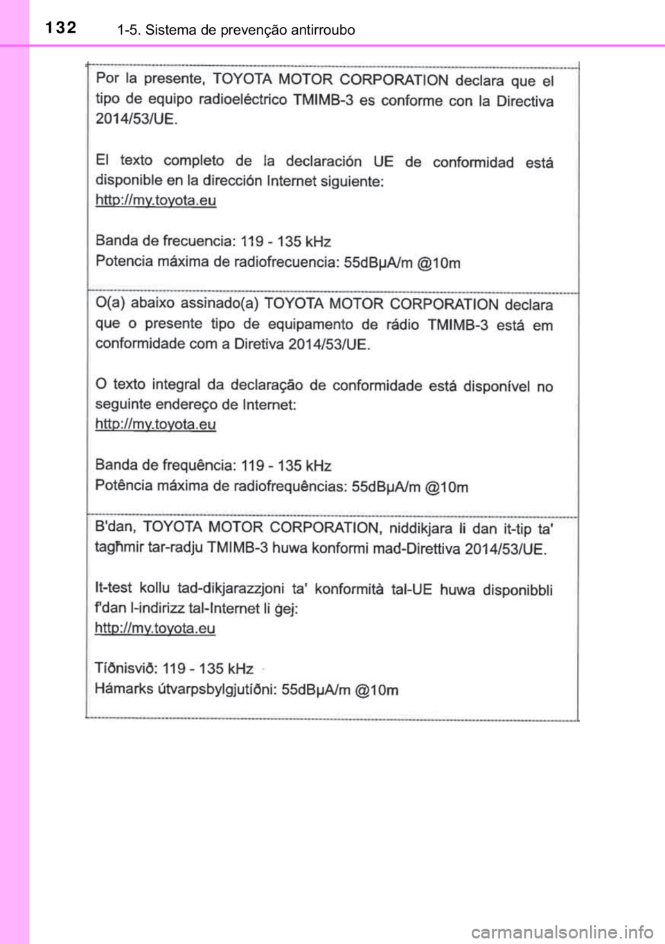 TOYOTA C-HR 2019  Manual de utilização (in Portuguese) 132������6�L�V�W�H�P�D��G�H��S�U�H�Y�H�Q�o�m�R��D�Q�W�L�U�U�R�X�E�R 
