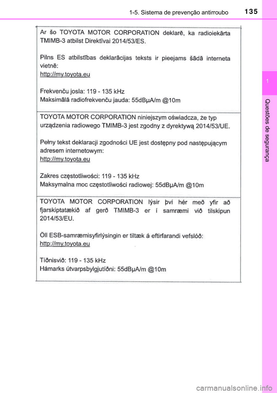 TOYOTA C-HR 2019  Manual de utilização (in Portuguese) 135������6�L�V�W�H�P�D��G�H��S�U�H�Y�H�Q�o�m�R��D�Q�W�L�U�U�R�X�E�R
�
�4�X�H�V�W�}�H�V��G�H��V�H�J�X�U�D�Q�o�D 