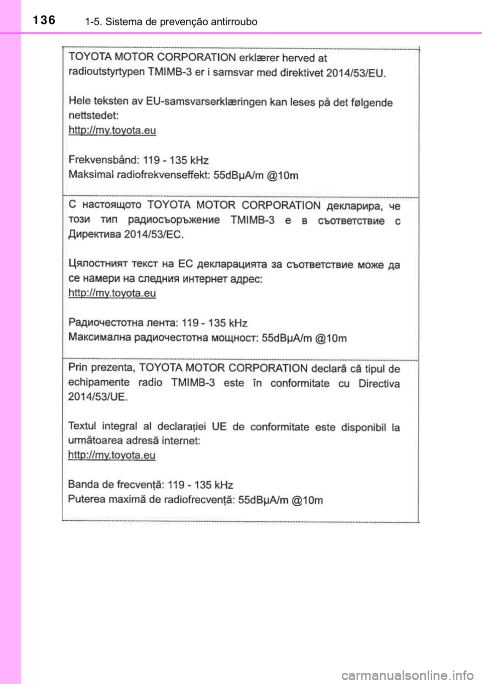 TOYOTA C-HR 2019  Manual de utilização (in Portuguese) 136������6�L�V�W�H�P�D��G�H��S�U�H�Y�H�Q�o�m�R��D�Q�W�L�U�U�R�X�E�R 