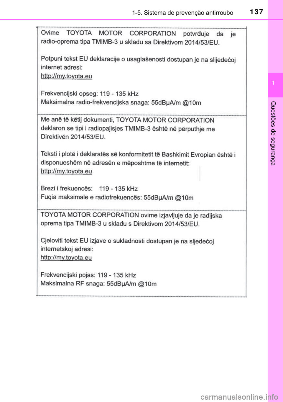 TOYOTA C-HR 2019  Manual de utilização (in Portuguese) 137������6�L�V�W�H�P�D��G�H��S�U�H�Y�H�Q�o�m�R��D�Q�W�L�U�U�R�X�E�R
�
�4�X�H�V�W�}�H�V��G�H��V�H�J�X�U�D�Q�o�D 