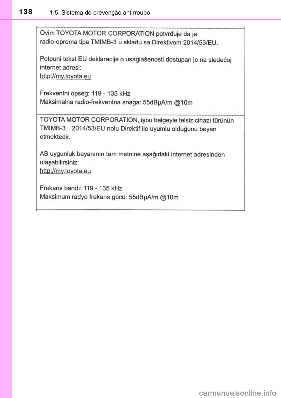TOYOTA C-HR 2019  Manual de utilização (in Portuguese) 138������6�L�V�W�H�P�D��G�H��S�U�H�Y�H�Q�o�m�R��D�Q�W�L�U�U�R�X�E�R 