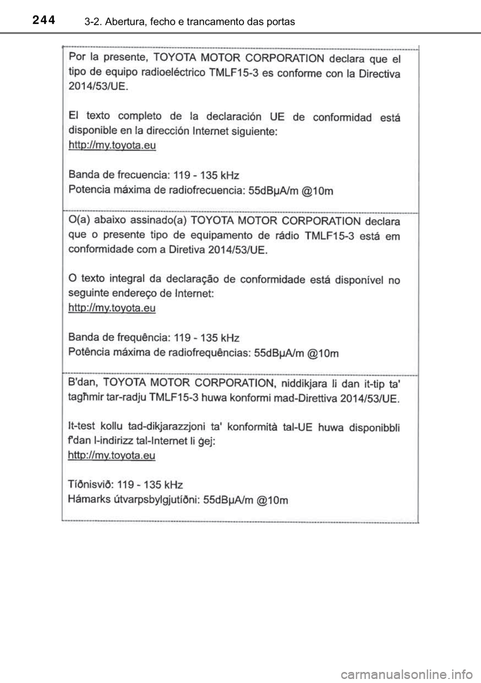 TOYOTA C-HR 2019  Manual de utilização (in Portuguese) 244������$�E�H�U�W�X�U�D���I�H�F�K�R��H��W�U�D�Q�F�D�P�H�Q�W�R��G�D�V��S�R�U�W�D�V 