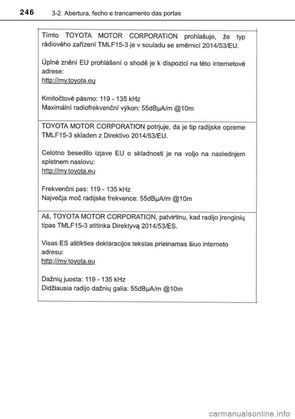 TOYOTA C-HR 2019  Manual de utilização (in Portuguese) 246������$�E�H�U�W�X�U�D���I�H�F�K�R��H��W�U�D�Q�F�D�P�H�Q�W�R��G�D�V��S�R�U�W�D�V 