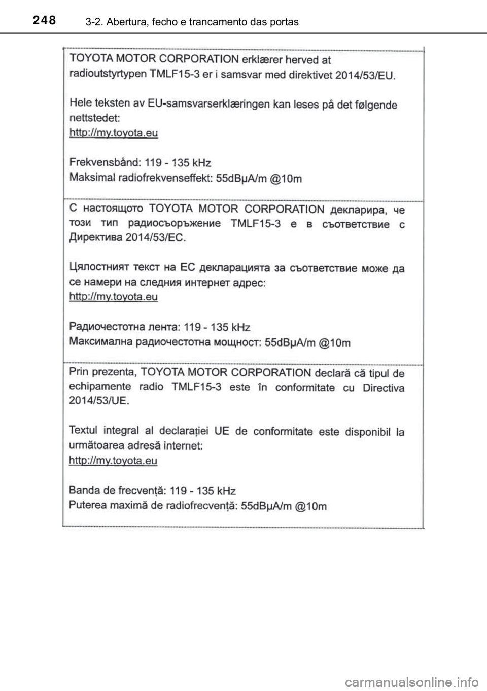 TOYOTA C-HR 2019  Manual de utilização (in Portuguese) 248������$�E�H�U�W�X�U�D���I�H�F�K�R��H��W�U�D�Q�F�D�P�H�Q�W�R��G�D�V��S�R�U�W�D�V 