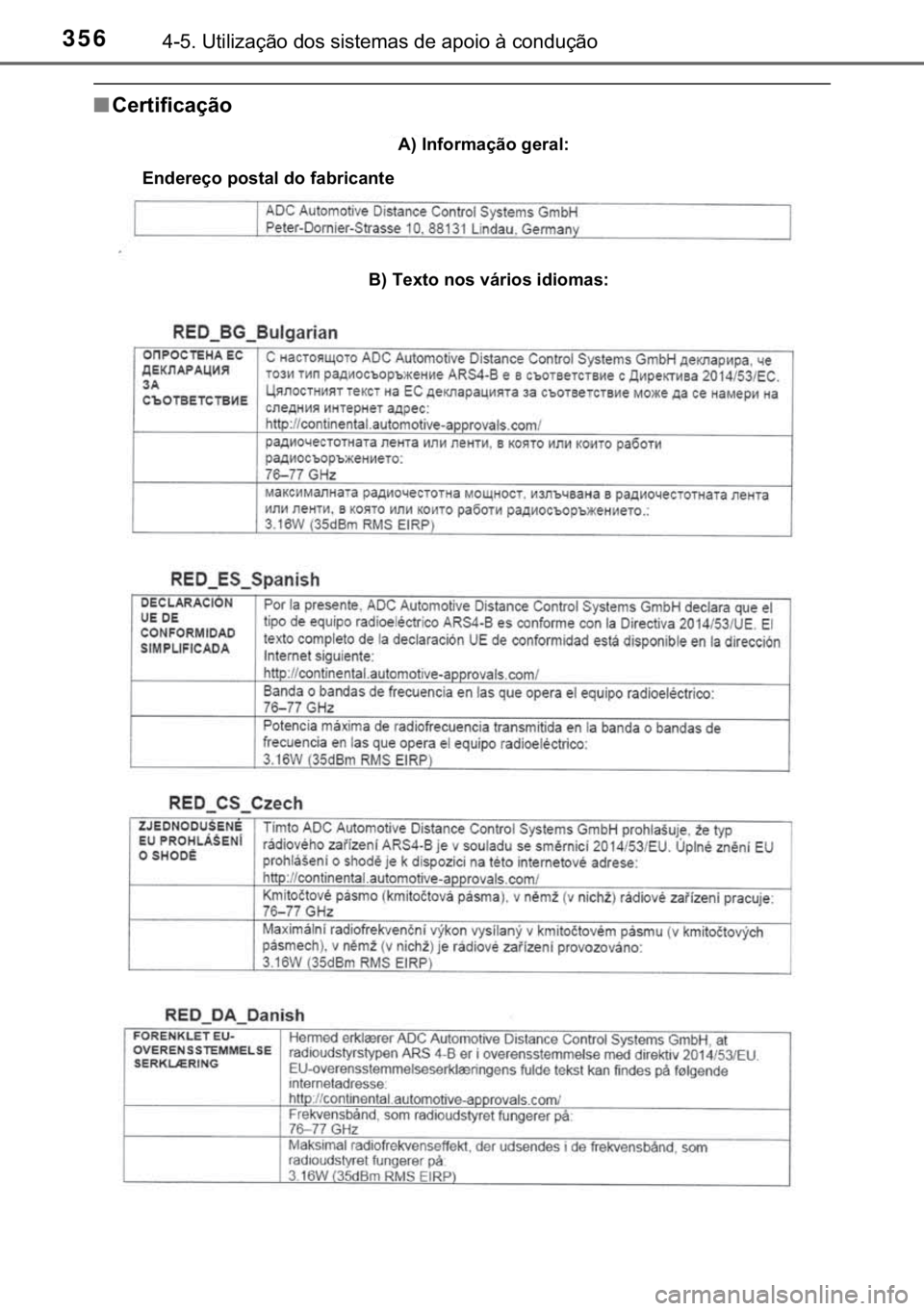 TOYOTA C-HR 2019  Manual de utilização (in Portuguese) 356������8�W�L�O�L�]�D�o�m�R��G�R�V��V�L�V�W�H�P�D�V��G�H��D�S�R�L�R��j��F�R�Q�G�X�o�m�R
■�&�H�U�W�L�I�L�F�D�o�m�R
�$���,�Q�I�R�U�P�D�o�m�R��J�H�U�D�O�
�%���7�H�[�W�R��Q�R�V��Y�i�