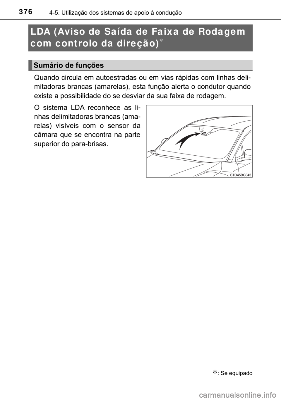 TOYOTA C-HR 2019  Manual de utilização (in Portuguese) 376������8�W�L�O�L�]�D�o�m�R��G�R�V��V�L�V�W�H�P�D�V��G�H��D�S�R�L�R��j��F�R�Q�G�X�o�m�R
LDA (Aviso de Saída de Faixa de Rodagem 
com controlo da direção)
∗
�4�X�D�Q�G�R��F�L�U�F�X�O�
