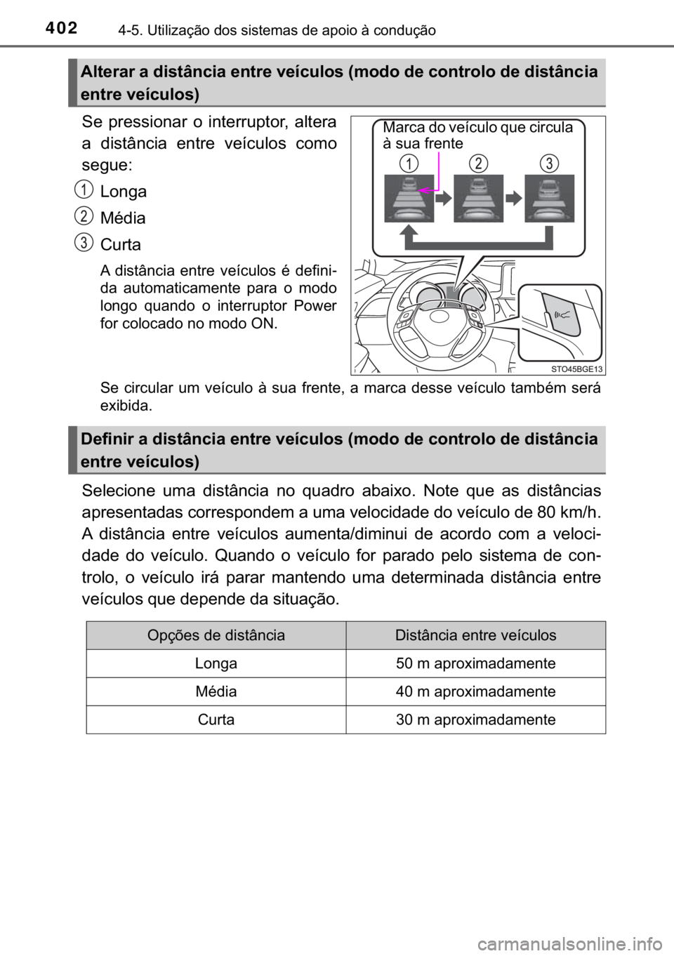 TOYOTA C-HR 2019  Manual de utilização (in Portuguese) 402������8�W�L�O�L�]�D�o�m�R��G�R�V��V�L�V�W�H�P�D�V��G�H��D�S�R�L�R��j��F�R�Q�G�X�o�m�R
�6�H� �S�U�H�V�V�L�R�Q�D�U� �R� �L�Q�W�H�U�U�X�S�W�R�U�� �D�O�W�H�U�D
�D� �G�L�V�W�k�Q�F�L�D�