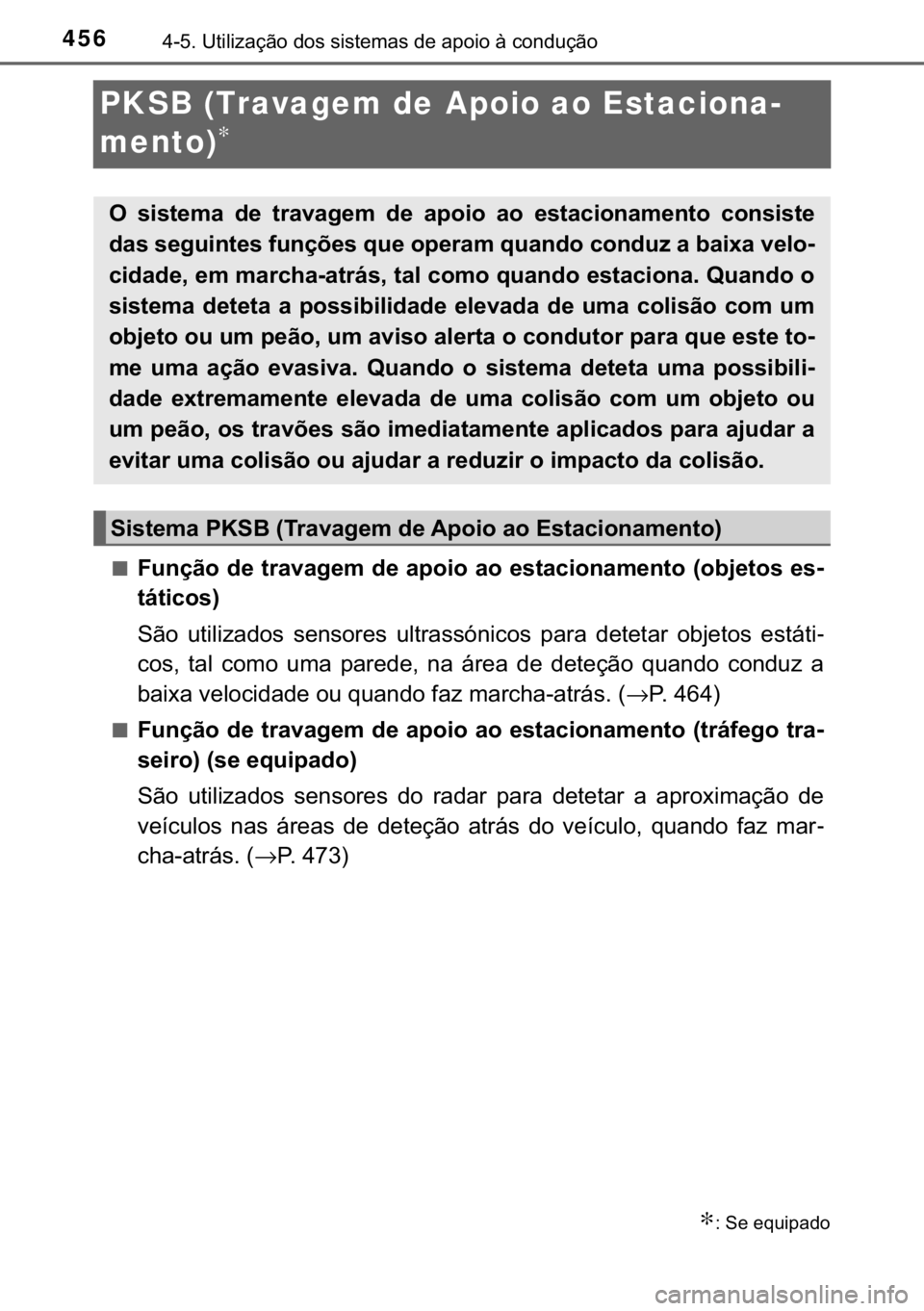 TOYOTA C-HR 2019  Manual de utilização (in Portuguese) 456������8�W�L�O�L�]�D�o�m�R��G�R�V��V�L�V�W�H�P�D�V��G�H��D�S�R�L�R��j��F�R�Q�G�X�o�m�R
PKSB (Travagem de Apoio ao Estaciona-
mento)
∗
■�)�X�Q�o�m�R��G�H��W�U�D�Y�D�J�H�P��G�H��D�S