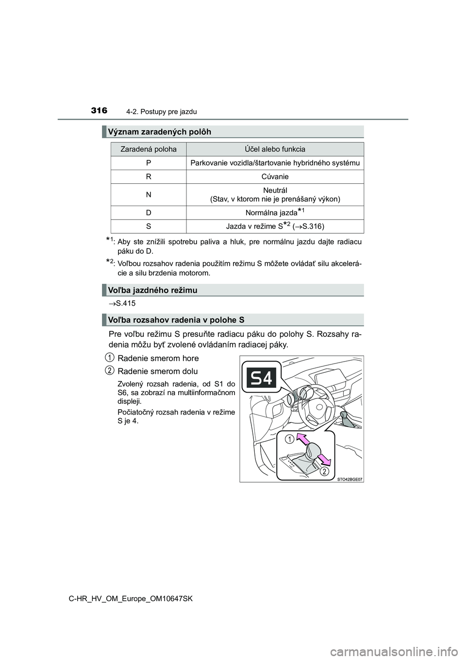 TOYOTA C-HR 2019 Návod na použitie (in Slovakian) 3164-2. Postupy pre jazdu
C-HR_HV_OM_Europe_OM10647SK
*1: Aby ste znížili spotrebu paliva a hluk, pre normálnu jazdu dajte radiacu
páku do D.
*2: Voľbou rozsahov radenia použitím re TOYOTA C-HR 2019 Návod na použitie (in Slovakian) 3164-2. Postupy pre jazdu
C-HR_HV_OM_Europe_OM10647SK
*1: Aby ste znížili spotrebu paliva a hluk, pre normálnu jazdu dajte radiacu
páku do D.
*2: Voľbou rozsahov radenia použitím re