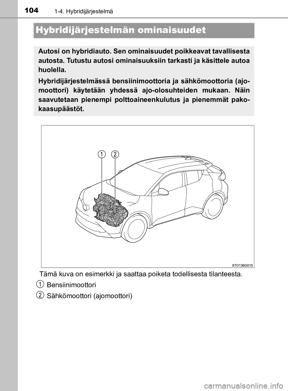TOYOTA C-HR 2019 Omistajan Käsikirja (in Finnish) 1041-4. Hybridijärjestelmä
C-HR_HV_OM_Europe_OM10647E
Hybridijärjestelmän ominaisuudet
Tämä kuva on esimerkki ja saattaa poiketa todellisesta tilanteesta.
Bensiinimoottori
Sähkömoottori (ajomo TOYOTA C-HR 2019 Omistajan Käsikirja (in Finnish) 1041-4. Hybridijärjestelmä
C-HR_HV_OM_Europe_OM10647E
Hybridijärjestelmän ominaisuudet
Tämä kuva on esimerkki ja saattaa poiketa todellisesta tilanteesta.
Bensiinimoottori
Sähkömoottori (ajomo