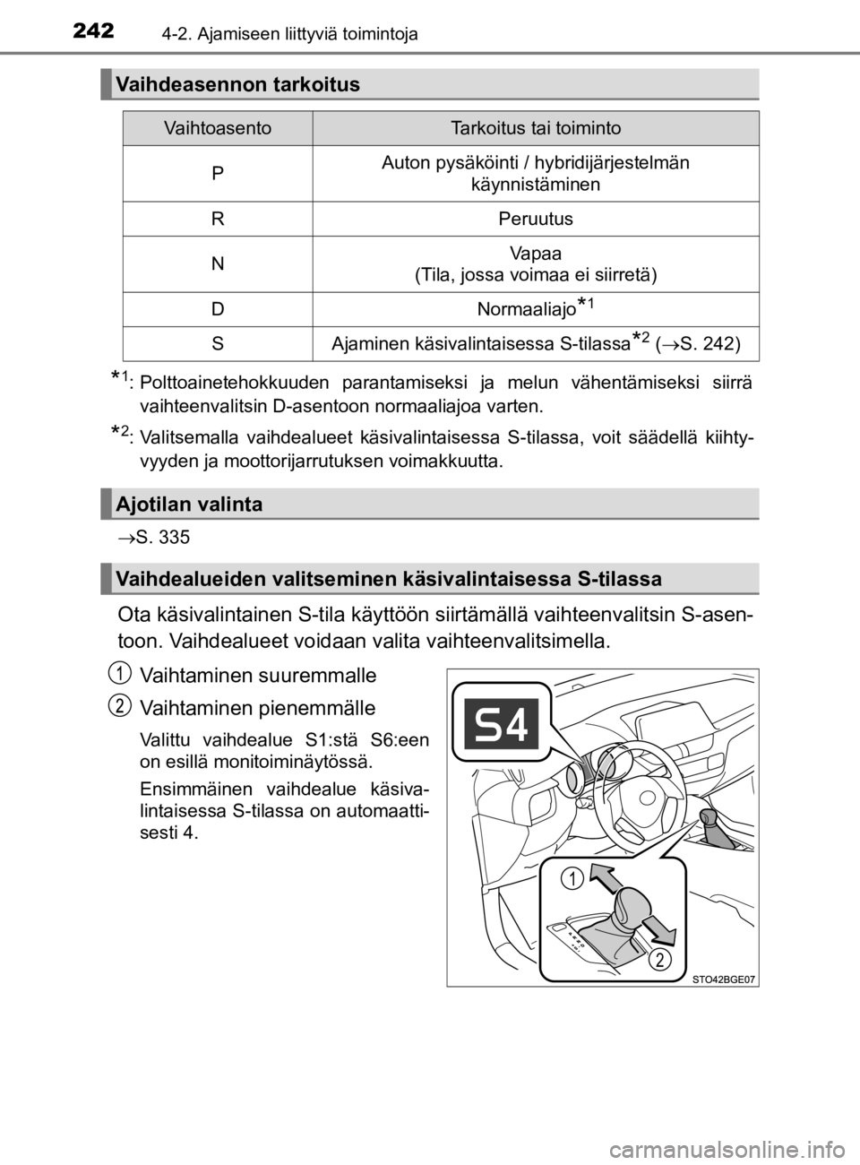 TOYOTA C-HR 2019 Omistajan Käsikirja (in Finnish) 2424-2. Ajamiseen liittyviä toimintoja
C-HR_HV_OM_Europe_OM10647E
*1: Polttoainetehokkuuden parantamiseksi ja melun vähentämiseksi siirrävaihteenvalitsin D-asentoon normaaliajoa varten.
*2: Valits TOYOTA C-HR 2019 Omistajan Käsikirja (in Finnish) 2424-2. Ajamiseen liittyviä toimintoja
C-HR_HV_OM_Europe_OM10647E
*1: Polttoainetehokkuuden parantamiseksi ja melun vähentämiseksi siirrävaihteenvalitsin D-asentoon normaaliajoa varten.
*2: Valits