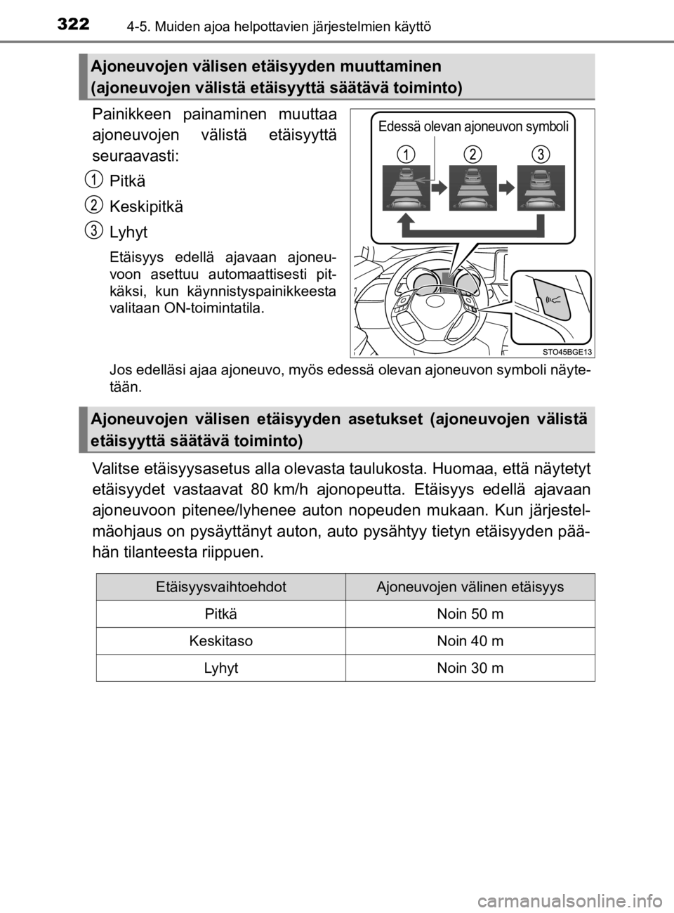 TOYOTA C-HR 2019  Omistajan Käsikirja (in Finnish) 3224-5. Muiden ajoa helpottavien järjestelmien käyttö
C-HR_HV_OM_Europe_OM10647E
Painikkeen painaminen muuttaa
ajoneuvojen välistä etäisyyttä
seuraavasti:Pitkä
Keskipitkä
Lyhyt
Etäisyys edel