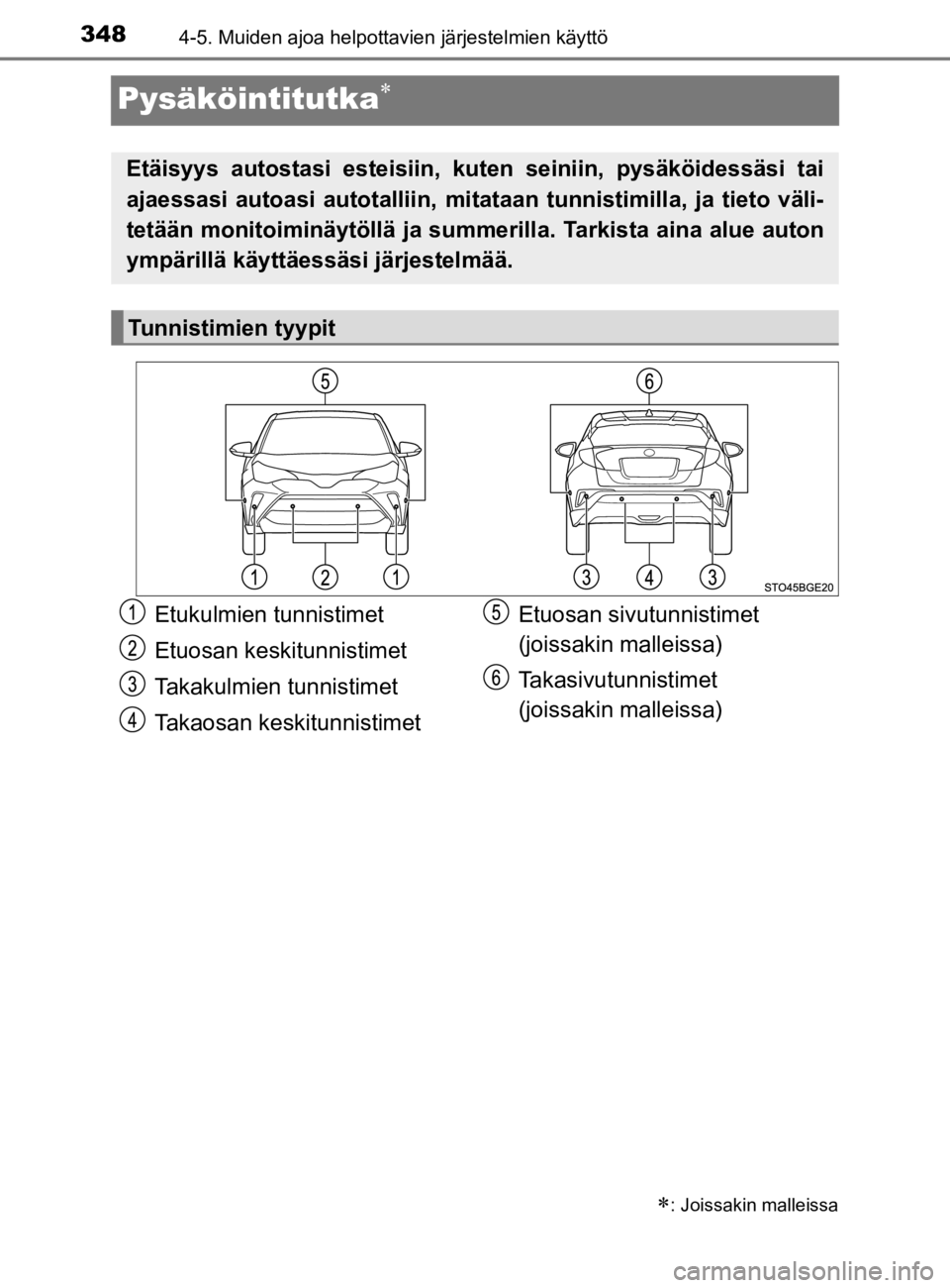 TOYOTA C-HR 2019 Omistajan Käsikirja (in Finnish) 3484-5. Muiden ajoa helpottavien järjestelmien käyttö
C-HR_HV_OM_Europe_OM10647E
Pysäköintitutka
: Joissakin malleissa
Etäisyys autostasi esteisiin, kuten seiniin, pysäköidessäsi tai
aj TOYOTA C-HR 2019 Omistajan Käsikirja (in Finnish) 3484-5. Muiden ajoa helpottavien järjestelmien käyttö
C-HR_HV_OM_Europe_OM10647E
Pysäköintitutka
: Joissakin malleissa
Etäisyys autostasi esteisiin, kuten seiniin, pysäköidessäsi tai
aj
