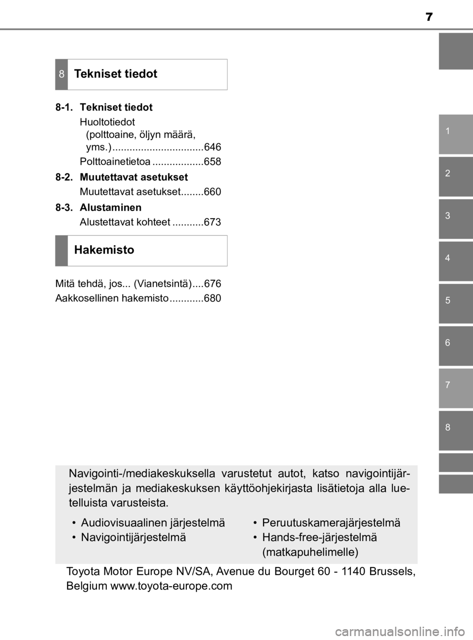 TOYOTA C-HR 2019  Omistajan Käsikirja (in Finnish) 7
1
5 4
3
2
C-HR_HV_OM_Europe_OM10647E
8
7
6
8-1. Tekniset tiedotHuoltotiedot (polttoaine, öljyn määrä, 
yms.) ................................646
Polttoainetietoa ..................658
8-2. Muute