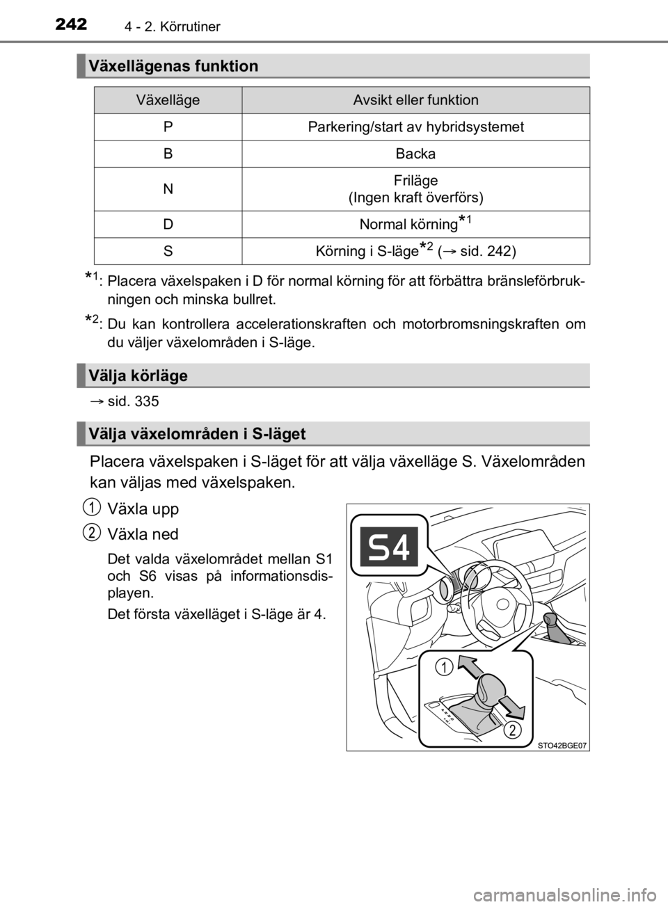 TOYOTA C-HR 2019 Bruksanvisningar (in Swedish) 2424 - 2. Körrutiner
C-HR_HV_OM_Europe_OM10647SE
*1: Placera växelspaken i D för normal körning för att förbättra bränsleförbruk-ningen och minska bullret.
*2: Du kan kontrollera acceleration TOYOTA C-HR 2019 Bruksanvisningar (in Swedish) 2424 - 2. Körrutiner
C-HR_HV_OM_Europe_OM10647SE
*1: Placera växelspaken i D för normal körning för att förbättra bränsleförbruk-ningen och minska bullret.
*2: Du kan kontrollera acceleration