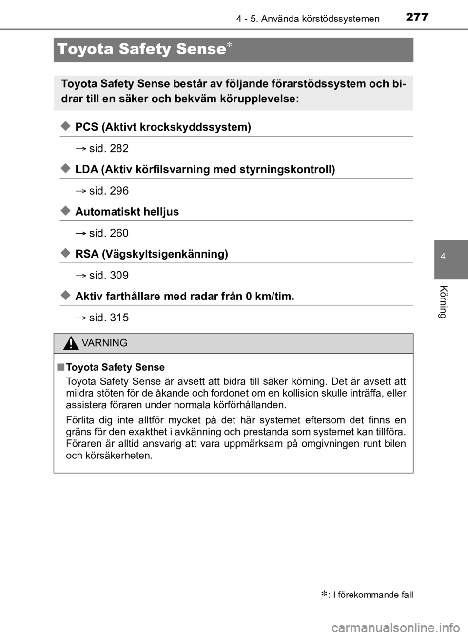TOYOTA C-HR 2019 Bruksanvisningar (in Swedish) 277
4
4 - 5. Använda körstödssystemen
Körning
C-HR_HV_OM_Europe_OM10647SE
Toyota Safety Sense
uPCS (Aktivt krockskyddssystem)
sid. 282
uLDA (Aktiv körfilsvarning med styrningskontroll)
s TOYOTA C-HR 2019 Bruksanvisningar (in Swedish) 277
4
4 - 5. Använda körstödssystemen
Körning
C-HR_HV_OM_Europe_OM10647SE
Toyota Safety Sense
uPCS (Aktivt krockskyddssystem)
sid. 282
uLDA (Aktiv körfilsvarning med styrningskontroll)
s