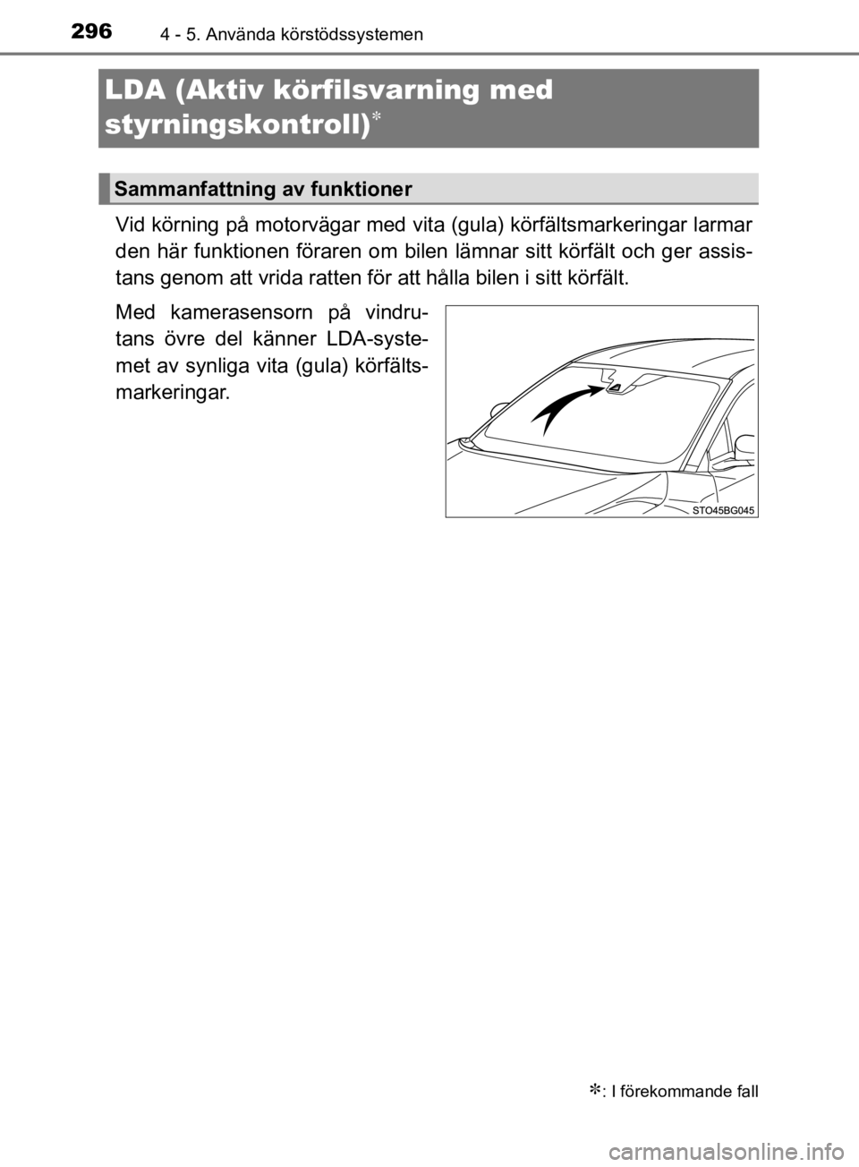 TOYOTA C-HR 2019 Bruksanvisningar (in Swedish) 2964 - 5. Använda körstödssystemen
C-HR_HV_OM_Europe_OM10647SE
LDA (Aktiv körfilsvarning med
styrningskontroll)
Vid körning på motorvägar med vita (gula) körfältsmarkeringar larmar
den h TOYOTA C-HR 2019 Bruksanvisningar (in Swedish) 2964 - 5. Använda körstödssystemen
C-HR_HV_OM_Europe_OM10647SE
LDA (Aktiv körfilsvarning med
styrningskontroll)
Vid körning på motorvägar med vita (gula) körfältsmarkeringar larmar
den h
