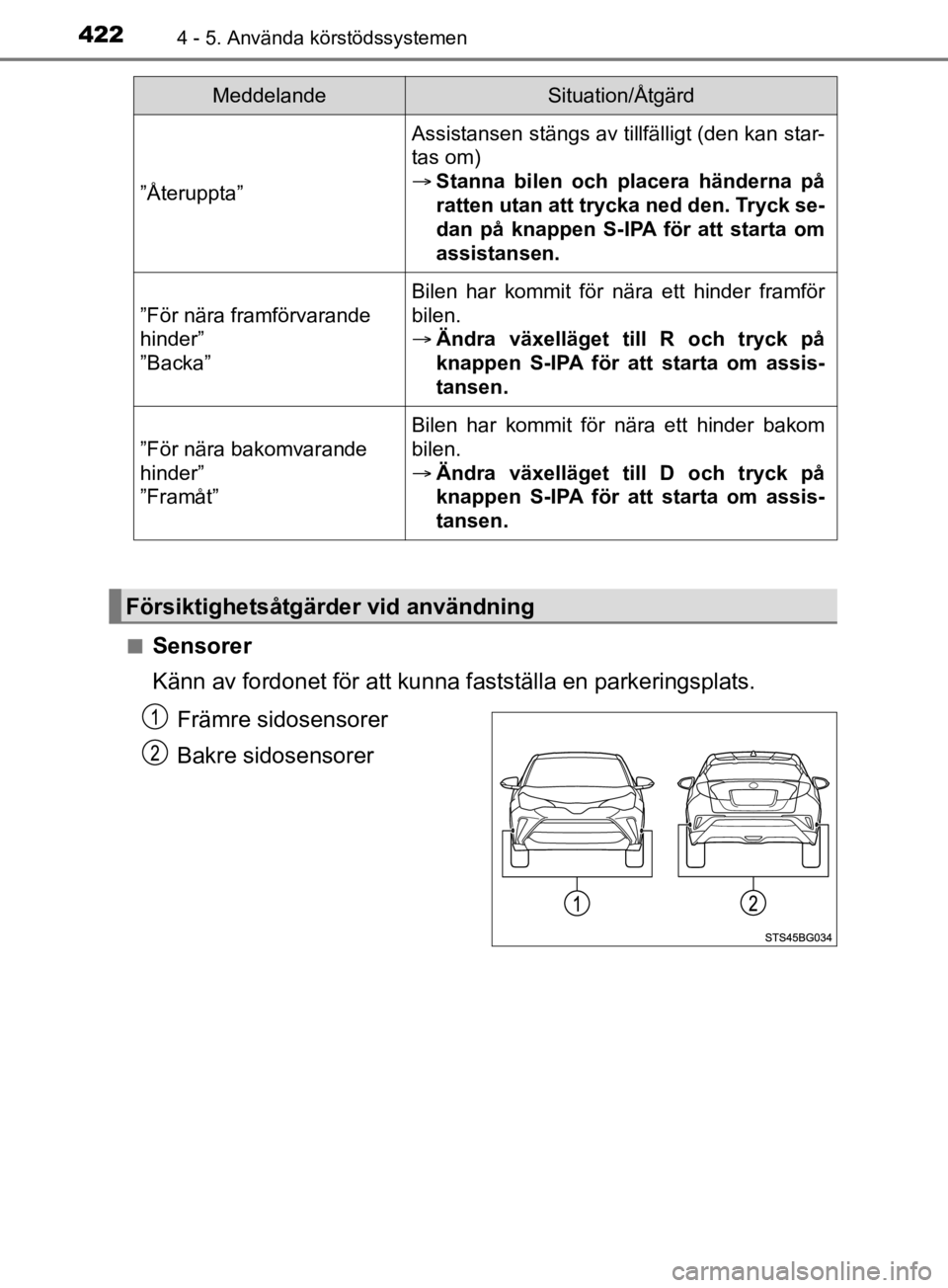 TOYOTA C-HR 2019 Bruksanvisningar (in Swedish) 4224 - 5. Använda körstödssystemen
C-HR_HV_OM_Europe_OM10647SEn
Sensorer
Känn av fordonet för att kun
na fastställa en parkeringsplats.
Främre sidosensorer
Bakre sidosensorer
”Återuppta”
A TOYOTA C-HR 2019 Bruksanvisningar (in Swedish) 4224 - 5. Använda körstödssystemen
C-HR_HV_OM_Europe_OM10647SEn
Sensorer
Känn av fordonet för att kun
na fastställa en parkeringsplats.
Främre sidosensorer
Bakre sidosensorer
”Återuppta”
A