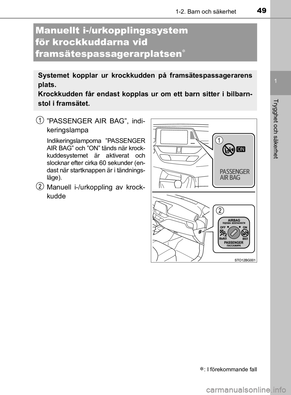 TOYOTA C-HR 2019  Bruksanvisningar (in Swedish) 491-2. Barn och säkerhet
1
Trygghet och säkerhet
C-HR_HV_OM_Europe_OM10647SE
Manuellt i-/urkopplingssystem 
för krockkuddarna vid 
framsätespassagerarplatsen

”PASSENGER AIR  BAG”,  indi-
k