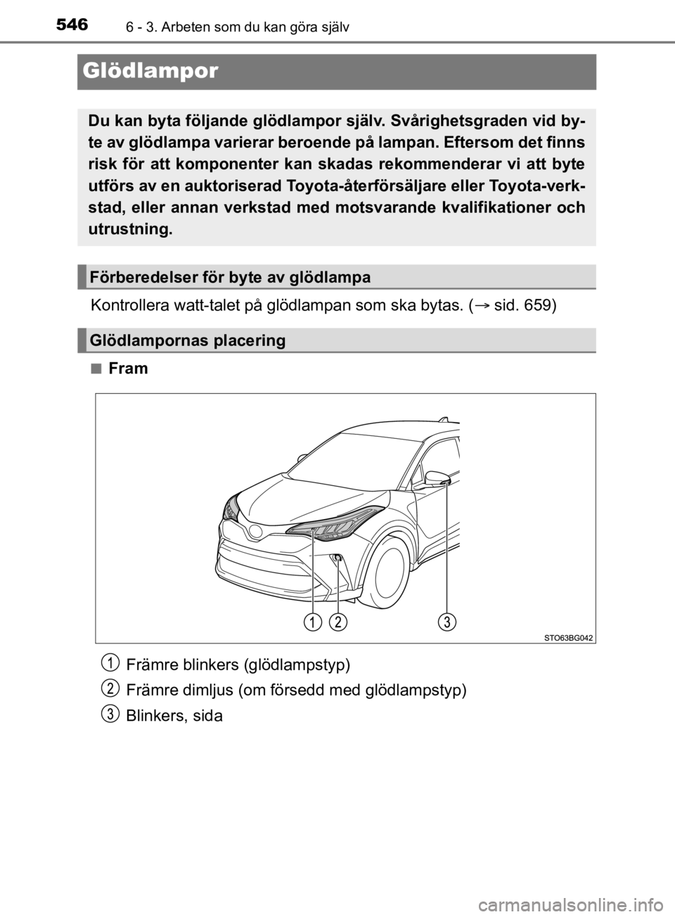 TOYOTA C-HR 2019  Bruksanvisningar (in Swedish) 5466 - 3. Arbeten som du kan göra själv
C-HR_HV_OM_Europe_OM10647SE
Glödlampor
Kontrollera watt-talet på glödlampan som ska bytas. (sid. 659)
nFram
Du kan byta följande glödlampor själv. Sv