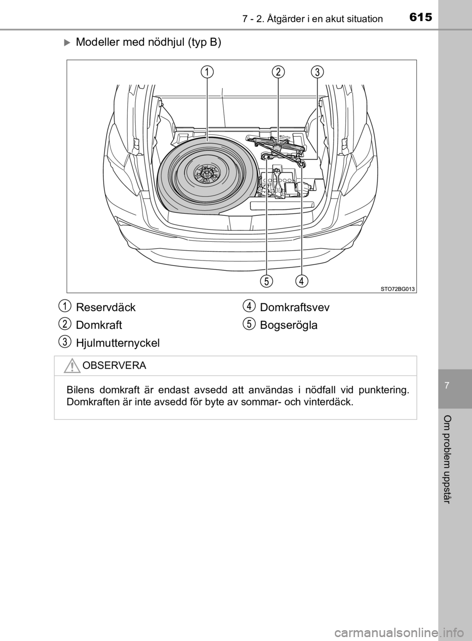 TOYOTA C-HR 2019 Bruksanvisningar (in Swedish) 6157 - 2. Åtgärder i en akut situation
C-HR_HV_OM_Europe_OM10647SE
7
Om problem uppstår
Modeller med nödhjul (typ B)
Reservdäck
Domkraft
HjulmutternyckelDomkraftsvev
Bogserögla
OBSERVERA
Bile TOYOTA C-HR 2019 Bruksanvisningar (in Swedish) 6157 - 2. Åtgärder i en akut situation
C-HR_HV_OM_Europe_OM10647SE
7
Om problem uppstår
Modeller med nödhjul (typ B)
Reservdäck
Domkraft
HjulmutternyckelDomkraftsvev
Bogserögla
OBSERVERA
Bile