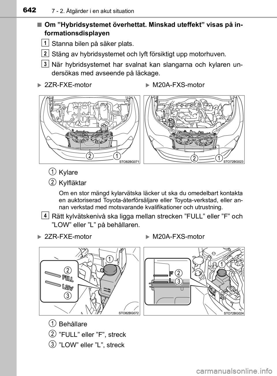 TOYOTA C-HR 2019 Bruksanvisningar (in Swedish) 6427 - 2. Åtgärder i en akut situation
C-HR_HV_OM_Europe_OM10647SEn
Om ”Hybridsystemet överhettat. Minskad uteffekt” visas på in-
formationsdisplayen
Stanna bilen på säker plats.
Stäng av h TOYOTA C-HR 2019 Bruksanvisningar (in Swedish) 6427 - 2. Åtgärder i en akut situation
C-HR_HV_OM_Europe_OM10647SEn
Om ”Hybridsystemet överhettat. Minskad uteffekt” visas på in-
formationsdisplayen
Stanna bilen på säker plats.
Stäng av h