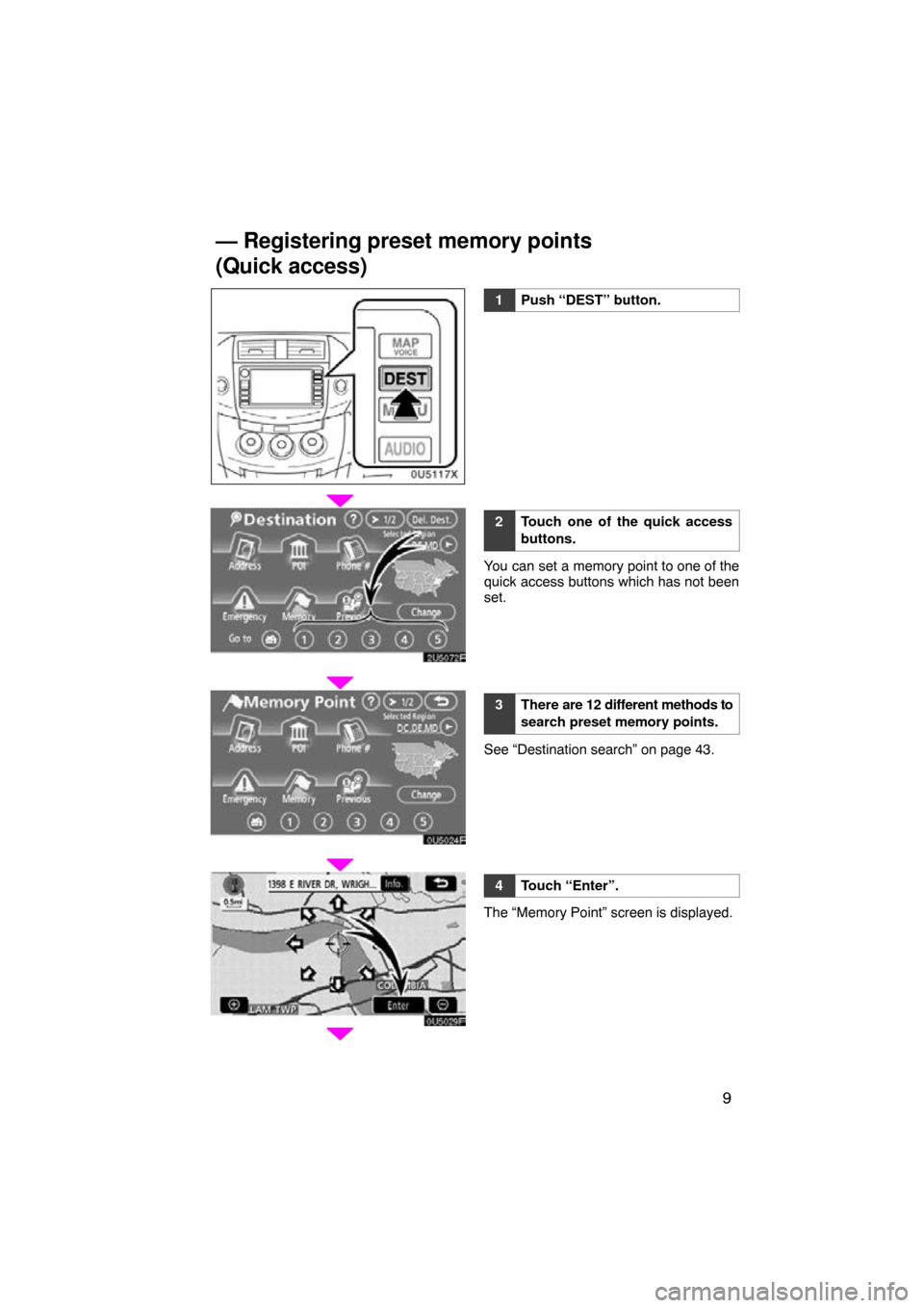 TOYOTA RAV4 2010 XA30 / 3.G Navigation Manual 9
0U5117X
1Push “DEST” button.
2Touch one of the quick access
buttons.
You can set a memory point to one of the
quick access buttons which has not been
set.
3There are 12 different methods to
sear