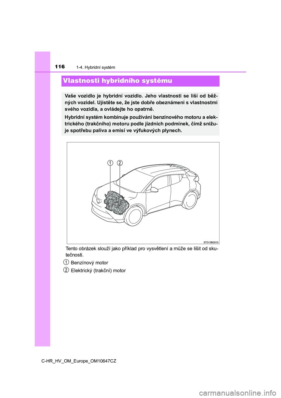 TOYOTA C-HR 2019 Návod na použití (in Czech) 1161-4. Hybridní systém
C-HR_HV_OM_Europe_OM10647CZ
Vlastnosti hybridního systému
Tento obrázek slouží jako příklad pro vysvětlení a může se lišit od sku-
tečnosti.
Benzínový motor
TOYOTA C-HR 2019 Návod na použití (in Czech) 1161-4. Hybridní systém
C-HR_HV_OM_Europe_OM10647CZ
Vlastnosti hybridního systému
Tento obrázek slouží jako příklad pro vysvětlení a může se lišit od sku-
tečnosti.
Benzínový motor