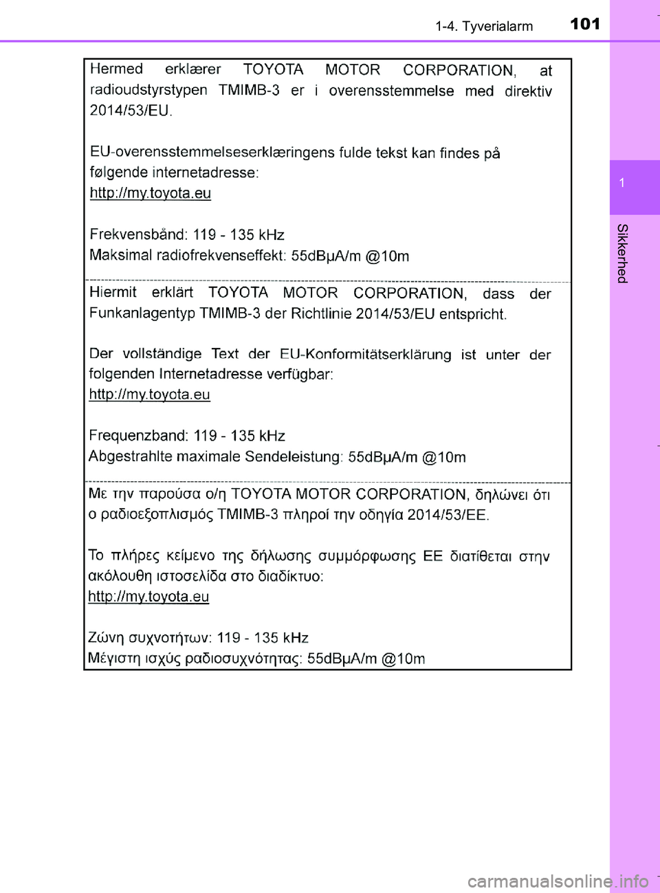 TOYOTA C-HR 2018  Brugsanvisning (in Danish) 1011-4. Tyverialarm
1
Sikkerhed
C-HR_HV_OM_Europe_OM10576DK
OM10576DK.book  Page 101  Wednesday, April 18, 2018  10:33 AM 