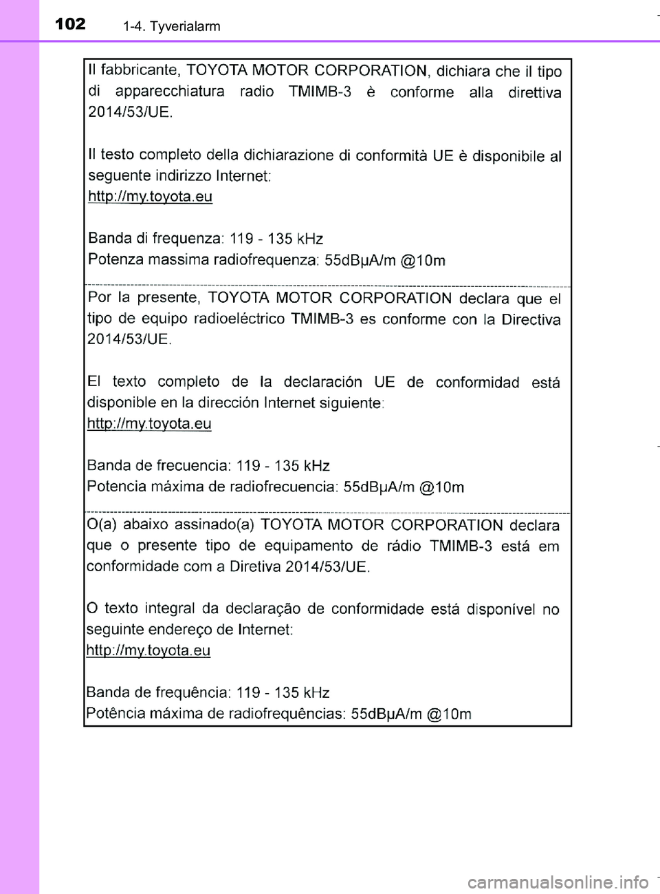 TOYOTA C-HR 2018  Brugsanvisning (in Danish) 1021-4. Tyverialarm
C-HR_HV_OM_Europe_OM10576DK
OM10576DK.book  Page 102  Wednesday, April 18, 2018  10:33 AM 