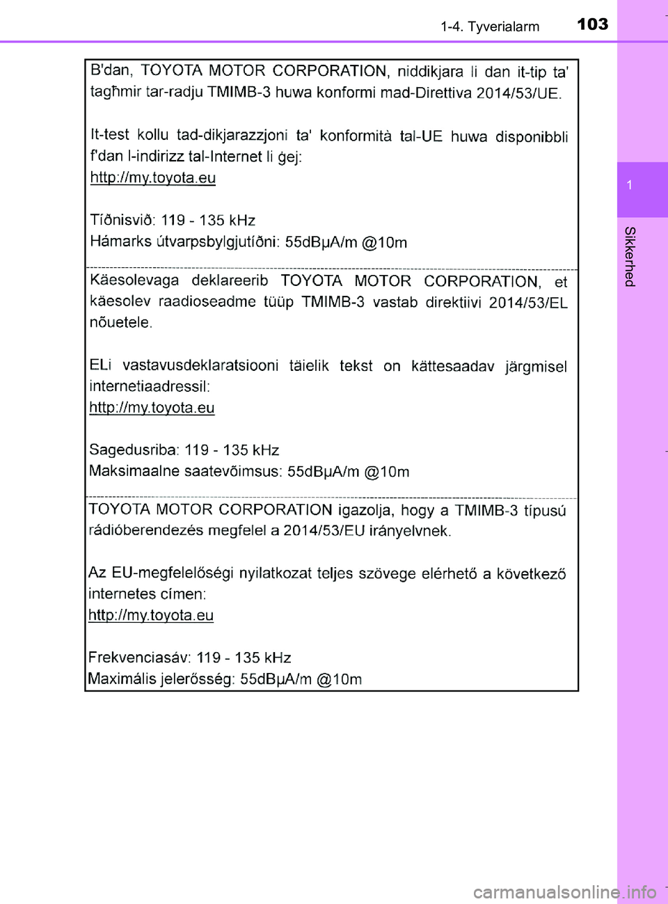 TOYOTA C-HR 2018  Brugsanvisning (in Danish) 1031-4. Tyverialarm
1
Sikkerhed
C-HR_HV_OM_Europe_OM10576DK
OM10576DK.book  Page 103  Wednesday, April 18, 2018  10:33 AM 