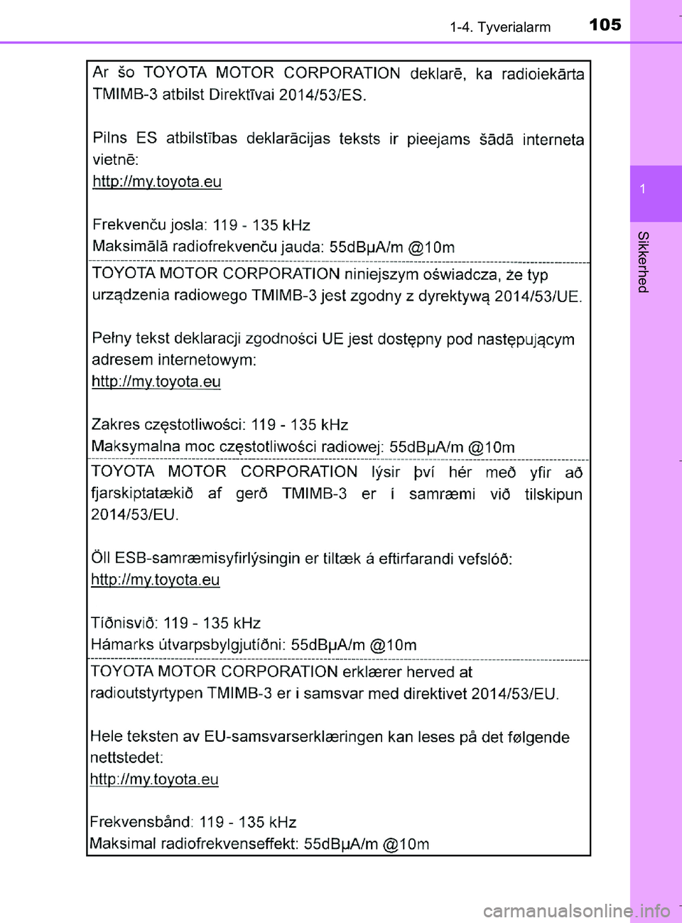 TOYOTA C-HR 2018  Brugsanvisning (in Danish) 1051-4. Tyverialarm
1
Sikkerhed
C-HR_HV_OM_Europe_OM10576DK
OM10576DK.book  Page 105  Wednesday, April 18, 2018  10:33 AM 