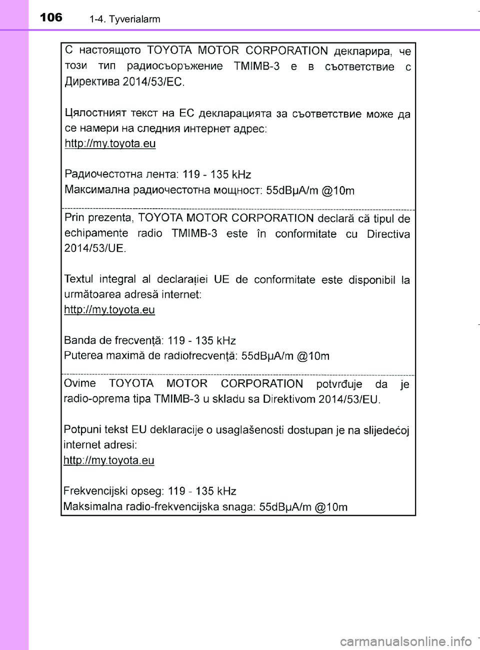 TOYOTA C-HR 2018  Brugsanvisning (in Danish) 1061-4. Tyverialarm
C-HR_HV_OM_Europe_OM10576DK
OM10576DK.book  Page 106  Wednesday, April 18, 2018  10:33 AM 
