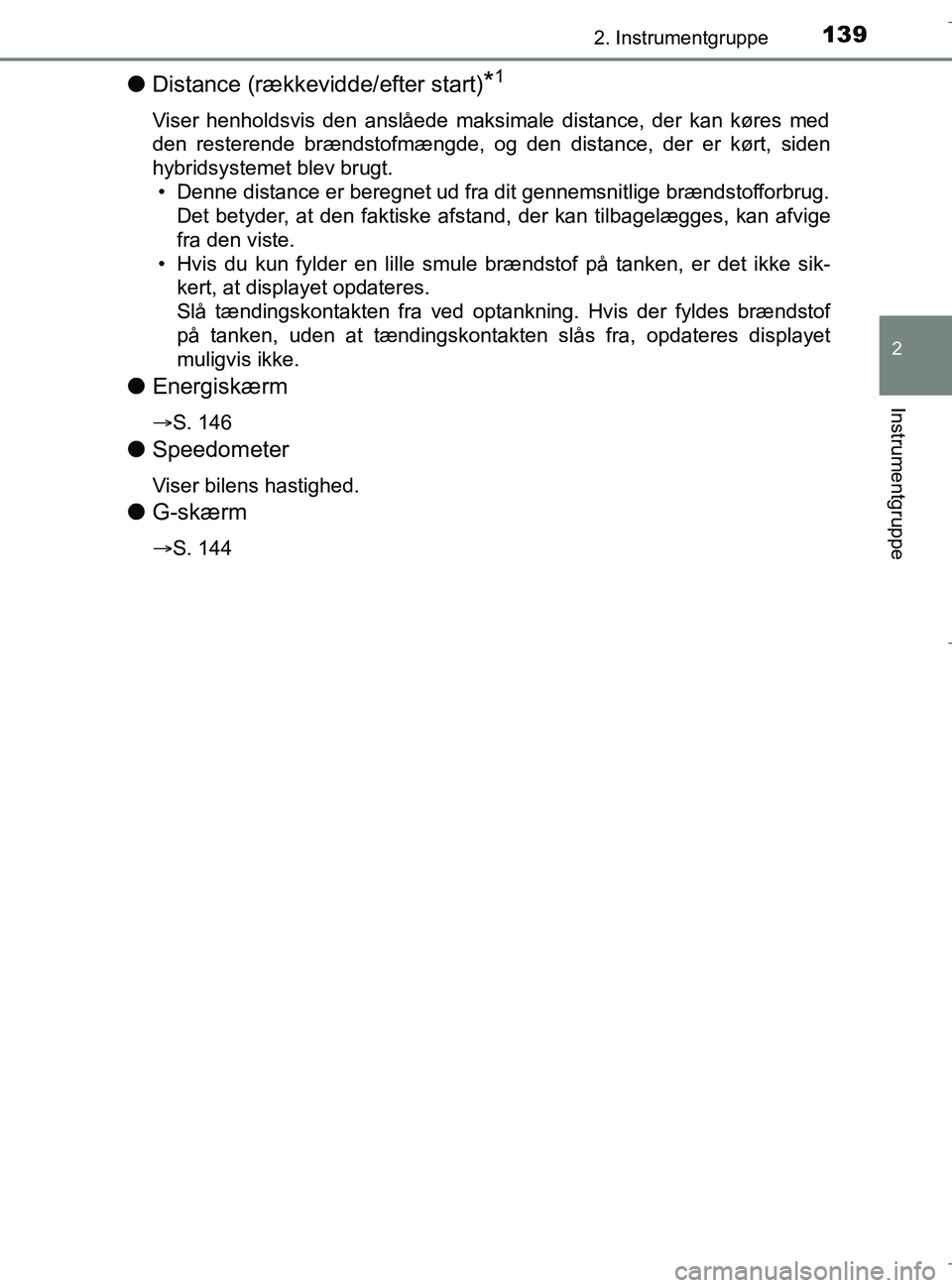 TOYOTA C-HR 2018 Brugsanvisning (in Danish) 1392. Instrumentgruppe
2
Instrumentgruppe
C-HR_HV_OM_Europe_OM10576DK
lDistance (rækkevidde/efter start)*1
Viser henholdsvis den anslåede maksimale distance, der kan køres med
den resterende brænd TOYOTA C-HR 2018 Brugsanvisning (in Danish) 1392. Instrumentgruppe
2
Instrumentgruppe
C-HR_HV_OM_Europe_OM10576DK
lDistance (rækkevidde/efter start)*1
Viser henholdsvis den anslåede maksimale distance, der kan køres med
den resterende brænd