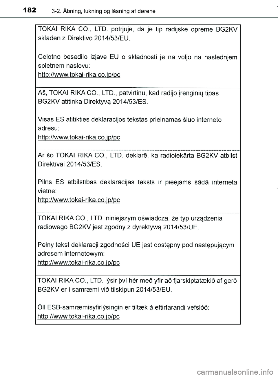 TOYOTA C-HR 2018  Brugsanvisning (in Danish) 1823-2. Åbning, lukning og låsning af dørene
C-HR_HV_OM_Europe_OM10576DK
OM10576DK.book  Page 182  Wednesday, April 18, 2018  10:33 AM 