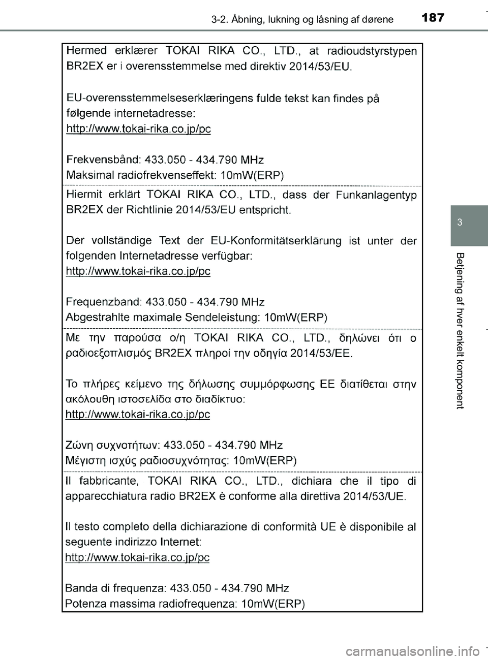 TOYOTA C-HR 2018  Brugsanvisning (in Danish) 1873-2. Åbning, lukning og låsning af dørene
3
Betjening af hver enkelt komponent
C-HR_HV_OM_Europe_OM10576DK
OM10576DK.book  Page 187  Wednesday, April 18, 2018  10:33 AM 