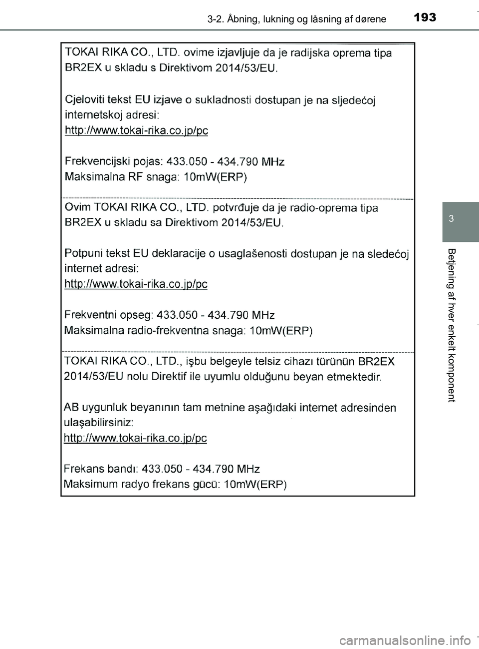 TOYOTA C-HR 2018  Brugsanvisning (in Danish) 1933-2. Åbning, lukning og låsning af dørene
3
Betjening af hver enkelt komponent
C-HR_HV_OM_Europe_OM10576DK
OM10576DK.book  Page 193  Wednesday, April 18, 2018  10:33 AM 