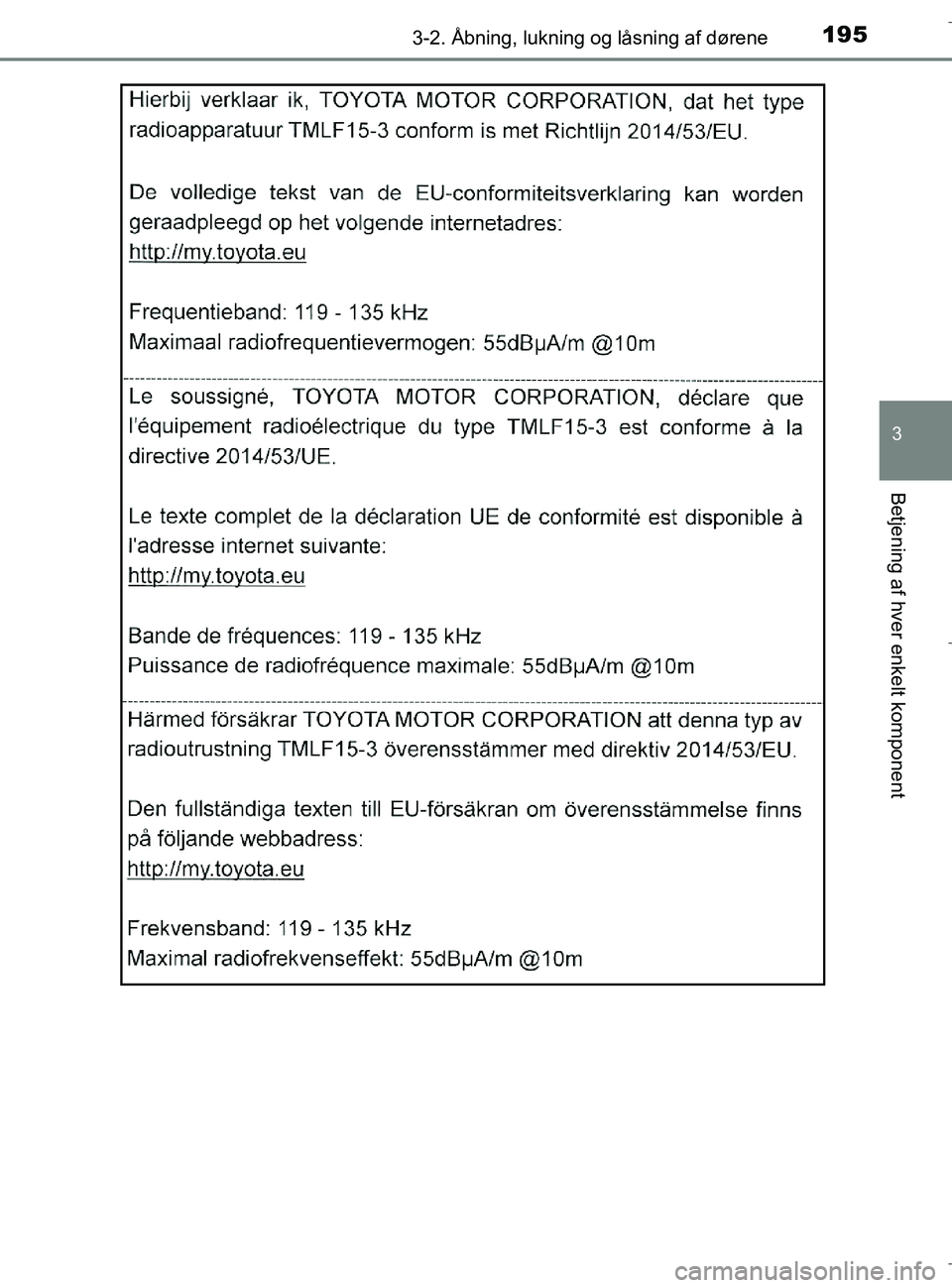 TOYOTA C-HR 2018  Brugsanvisning (in Danish) 1953-2. Åbning, lukning og låsning af dørene
3
Betjening af hver enkelt komponent
C-HR_HV_OM_Europe_OM10576DK
OM10576DK.book  Page 195  Wednesday, April 18, 2018  10:33 AM 