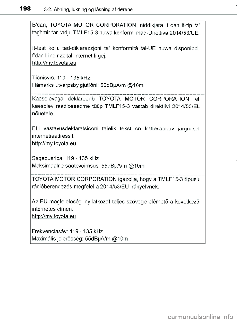 TOYOTA C-HR 2018  Brugsanvisning (in Danish) 1983-2. Åbning, lukning og låsning af dørene
C-HR_HV_OM_Europe_OM10576DK
OM10576DK.book  Page 198  Wednesday, April 18, 2018  10:33 AM 