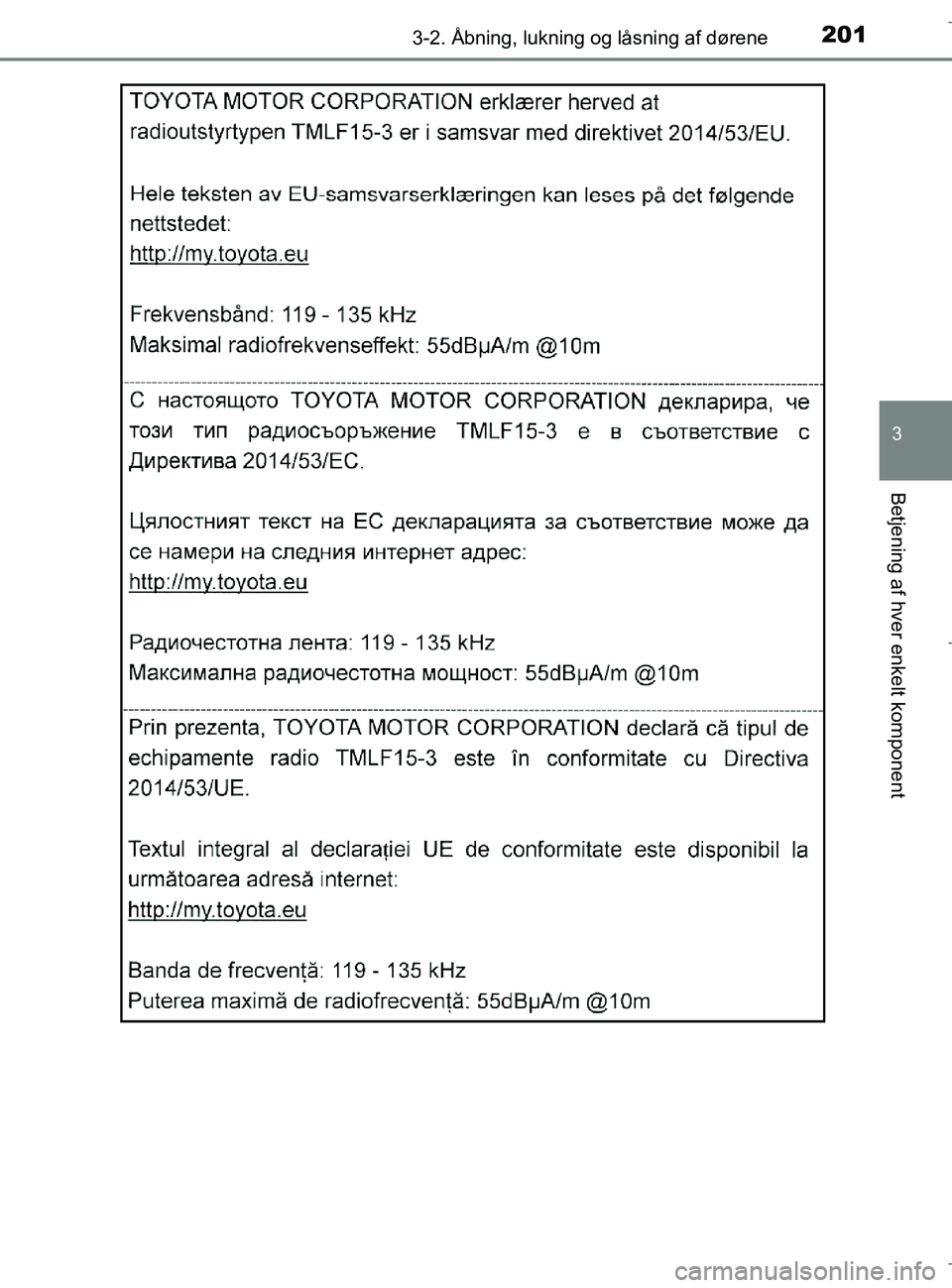 TOYOTA C-HR 2018  Brugsanvisning (in Danish) 2013-2. Åbning, lukning og låsning af dørene
3
Betjening af hver enkelt komponent
C-HR_HV_OM_Europe_OM10576DK
OM10576DK.book  Page 201  Wednesday, April 18, 2018  10:33 AM 