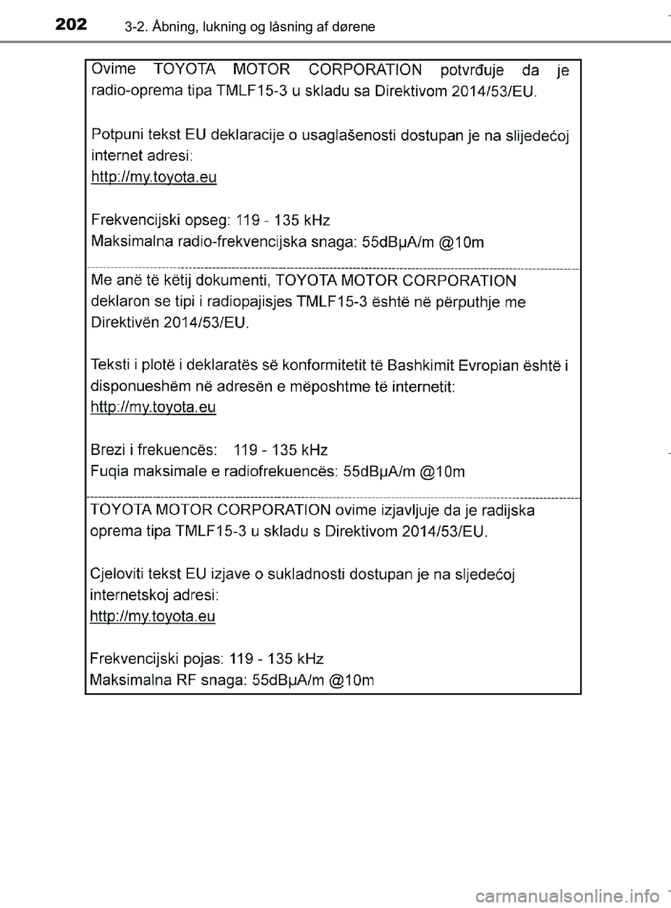 TOYOTA C-HR 2018  Brugsanvisning (in Danish) 2023-2. Åbning, lukning og låsning af dørene
C-HR_HV_OM_Europe_OM10576DK
OM10576DK.book  Page 202  Wednesday, April 18, 2018  10:33 AM 