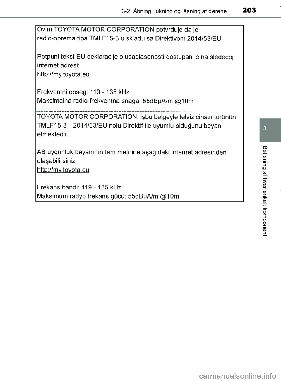 TOYOTA C-HR 2018  Brugsanvisning (in Danish) 2033-2. Åbning, lukning og låsning af dørene
3
Betjening af hver enkelt komponent
C-HR_HV_OM_Europe_OM10576DK
OM10576DK.book  Page 203  Wednesday, April 18, 2018  10:33 AM 