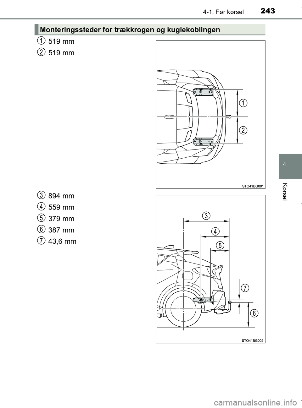 TOYOTA C-HR 2018 Brugsanvisning (in Danish) 2434-1. Før kørsel
4
Kørsel
C-HR_HV_OM_Europe_OM10576DK
519 mm
519 mm
894 mm
559 mm
379 mm
387 mm
43,6 mm
Monteringssteder for trækkrogen og kuglekoblingen
OM10576DK.book Page 243 Wednesday, Apr TOYOTA C-HR 2018 Brugsanvisning (in Danish) 2434-1. Før kørsel
4
Kørsel
C-HR_HV_OM_Europe_OM10576DK
519 mm
519 mm
894 mm
559 mm
379 mm
387 mm
43,6 mm
Monteringssteder for trækkrogen og kuglekoblingen
OM10576DK.book Page 243 Wednesday, Apr