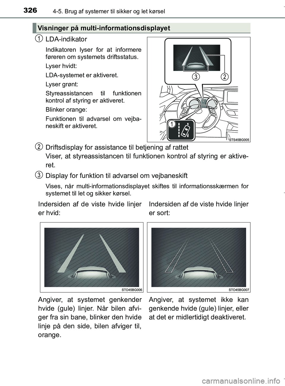 TOYOTA C-HR 2018 Brugsanvisning (in Danish) 3264-5. Brug af systemer til sikker og let kørsel
C-HR_HV_OM_Europe_OM10576DK
LDA-indikator
Indikatoren lyser for at informere
føreren om systemets driftsstatus.
Lyser hvidt:
LDA-systemet er aktiver TOYOTA C-HR 2018 Brugsanvisning (in Danish) 3264-5. Brug af systemer til sikker og let kørsel
C-HR_HV_OM_Europe_OM10576DK
LDA-indikator
Indikatoren lyser for at informere
føreren om systemets driftsstatus.
Lyser hvidt:
LDA-systemet er aktiver