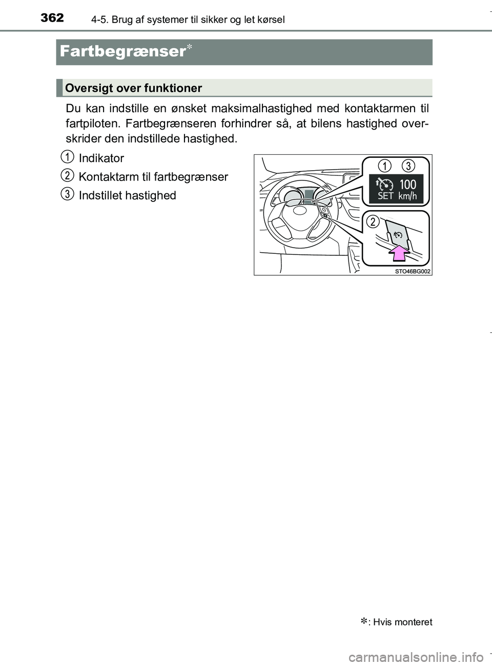 TOYOTA C-HR 2018 Brugsanvisning (in Danish) 3624-5. Brug af systemer til sikker og let kørsel
C-HR_HV_OM_Europe_OM10576DK
Fartbegrænser
Du kan indstille en ønsket maksim alhastighed med kontaktarmen til
fartpiloten. Fartbegrænseren forhi TOYOTA C-HR 2018 Brugsanvisning (in Danish) 3624-5. Brug af systemer til sikker og let kørsel
C-HR_HV_OM_Europe_OM10576DK
Fartbegrænser
Du kan indstille en ønsket maksim alhastighed med kontaktarmen til
fartpiloten. Fartbegrænseren forhi