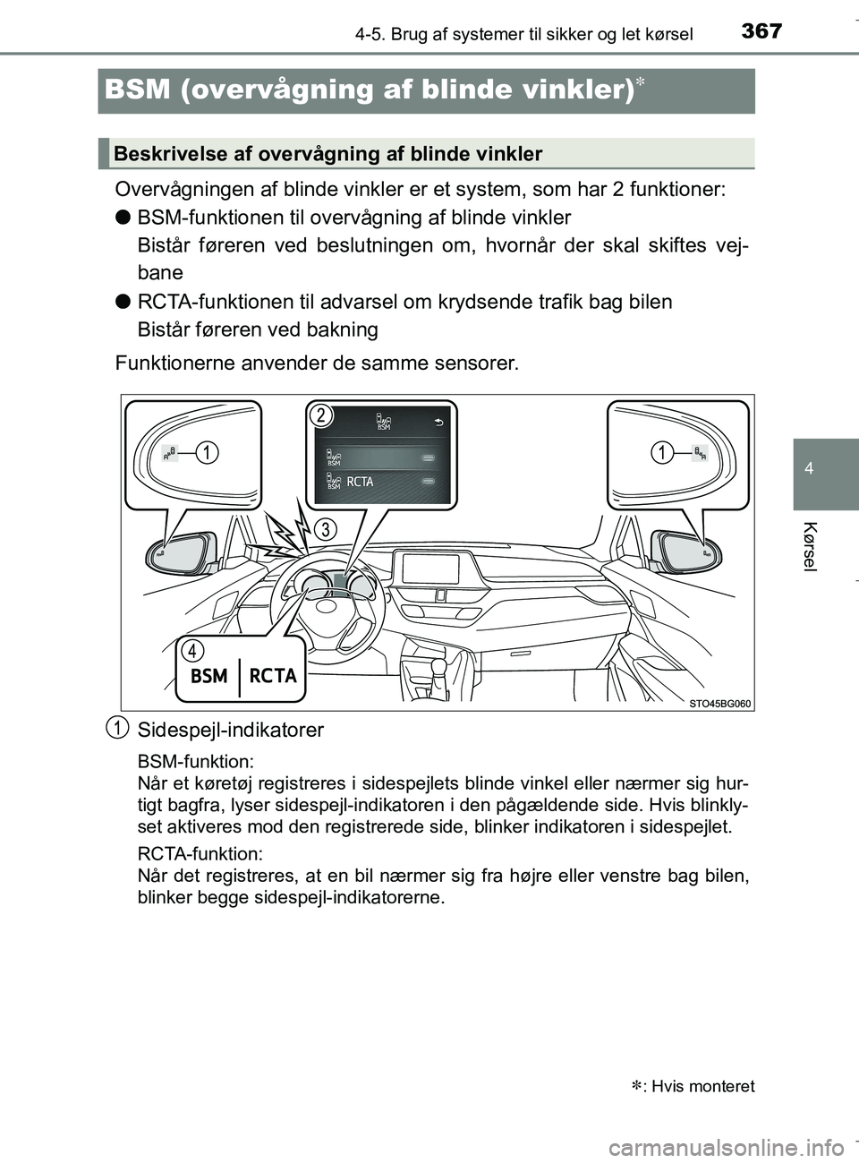 TOYOTA C-HR 2018 Brugsanvisning (in Danish) 367
4
4-5. Brug af systemer til sikker og let kørsel
Kørsel
C-HR_HV_OM_Europe_OM10576DK
BSM (overvågning af blinde vinkler)
Overvågningen af blinde vinkler er et system, som har 2 funktioner:
l TOYOTA C-HR 2018 Brugsanvisning (in Danish) 367
4
4-5. Brug af systemer til sikker og let kørsel
Kørsel
C-HR_HV_OM_Europe_OM10576DK
BSM (overvågning af blinde vinkler)
Overvågningen af blinde vinkler er et system, som har 2 funktioner:
l