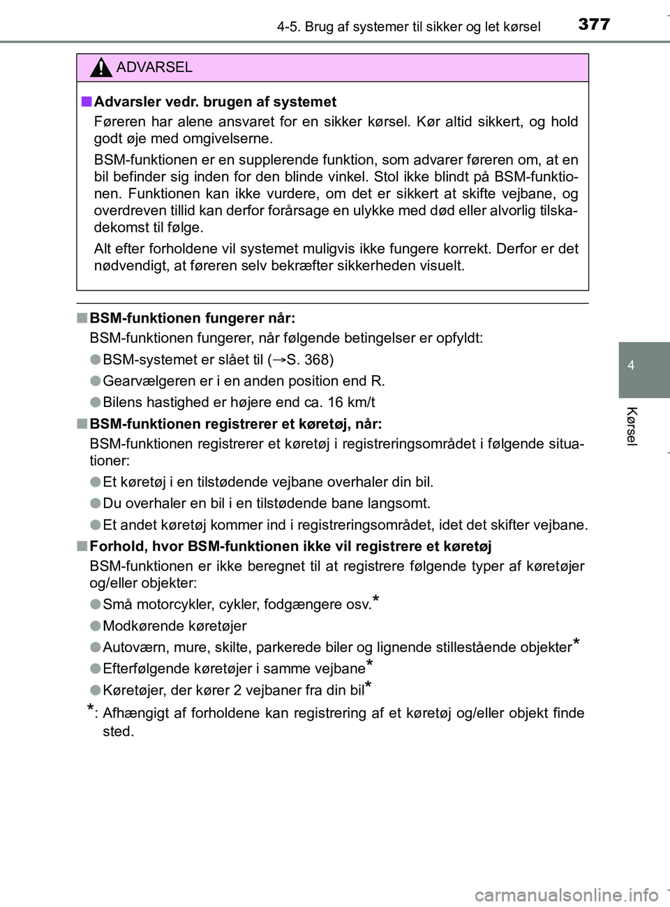 TOYOTA C-HR 2018 Brugsanvisning (in Danish) 3774-5. Brug af systemer til sikker og let kørsel
4
Kørsel
C-HR_HV_OM_Europe_OM10576DK
nBSM-funktionen fungerer når:
BSM-funktionen fungerer, når følgende betingelser er opfyldt:
lBSM-systemet er TOYOTA C-HR 2018 Brugsanvisning (in Danish) 3774-5. Brug af systemer til sikker og let kørsel
4
Kørsel
C-HR_HV_OM_Europe_OM10576DK
nBSM-funktionen fungerer når:
BSM-funktionen fungerer, når følgende betingelser er opfyldt:
lBSM-systemet er